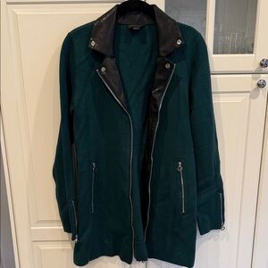 Belldini Forest Green Sweater Cardigan with Black Faux-Leather Trim